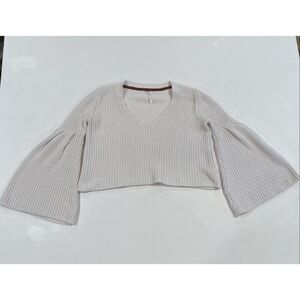 Free People Cream Cropped Bell Sleeve Sweater Women XS Boho Knit V Neck Top